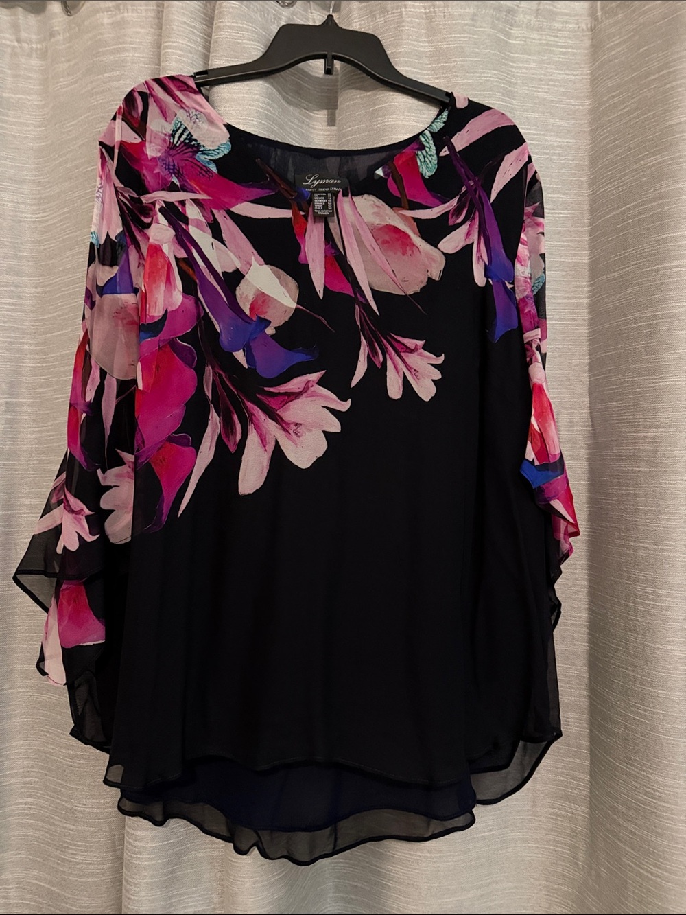 Frank Lyman Design black Floral Flutter Blouse
